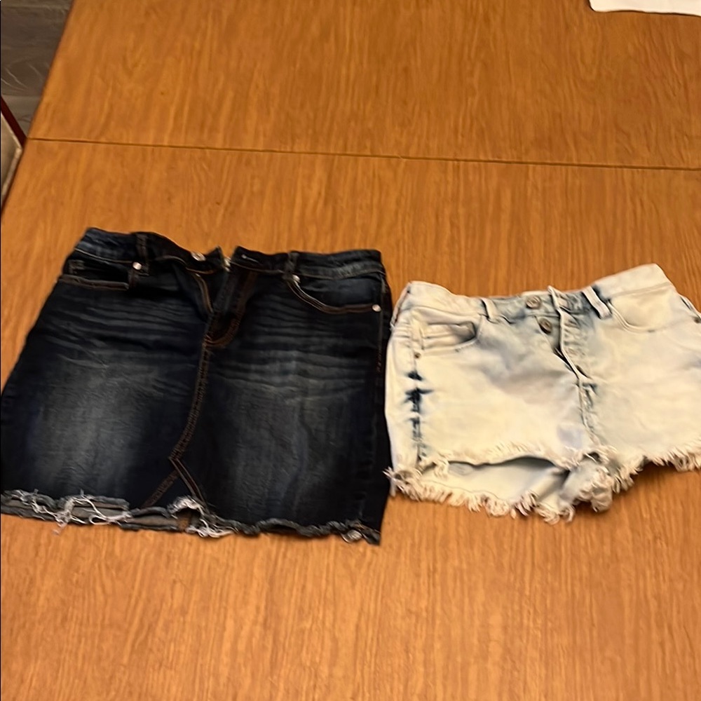Denim Skirt and Shorts Is juniors size 7. Mudd Brand and Ordigo brand.